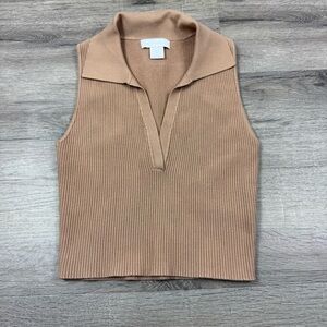 House of Harlow 1960 Ribbed Beige Crop Top Size Small Collared V-Neck Stretch